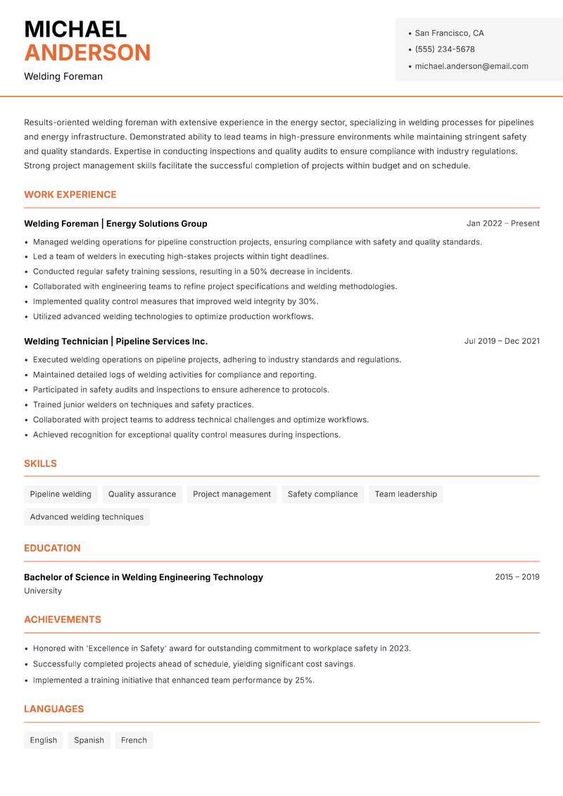 Welding Foreman Resume Template