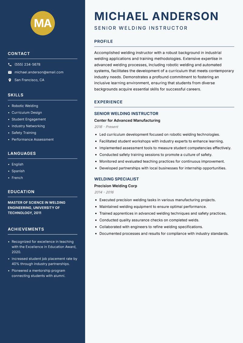 Welding Instructor Resume Preview Example