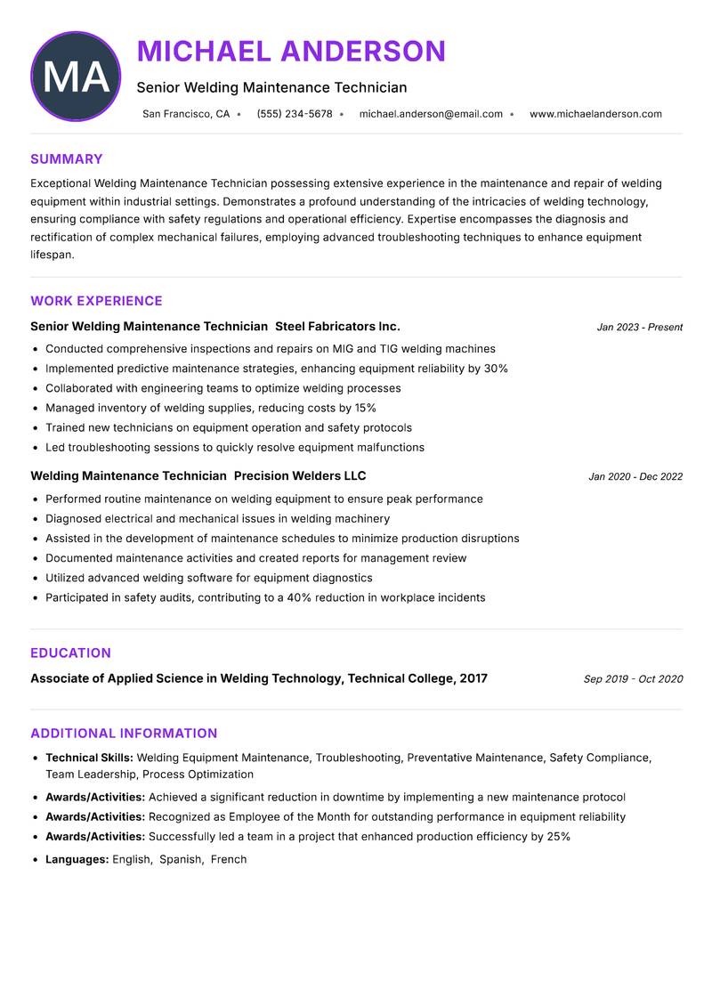 Welding Maintenance Technician Resume Preview Example