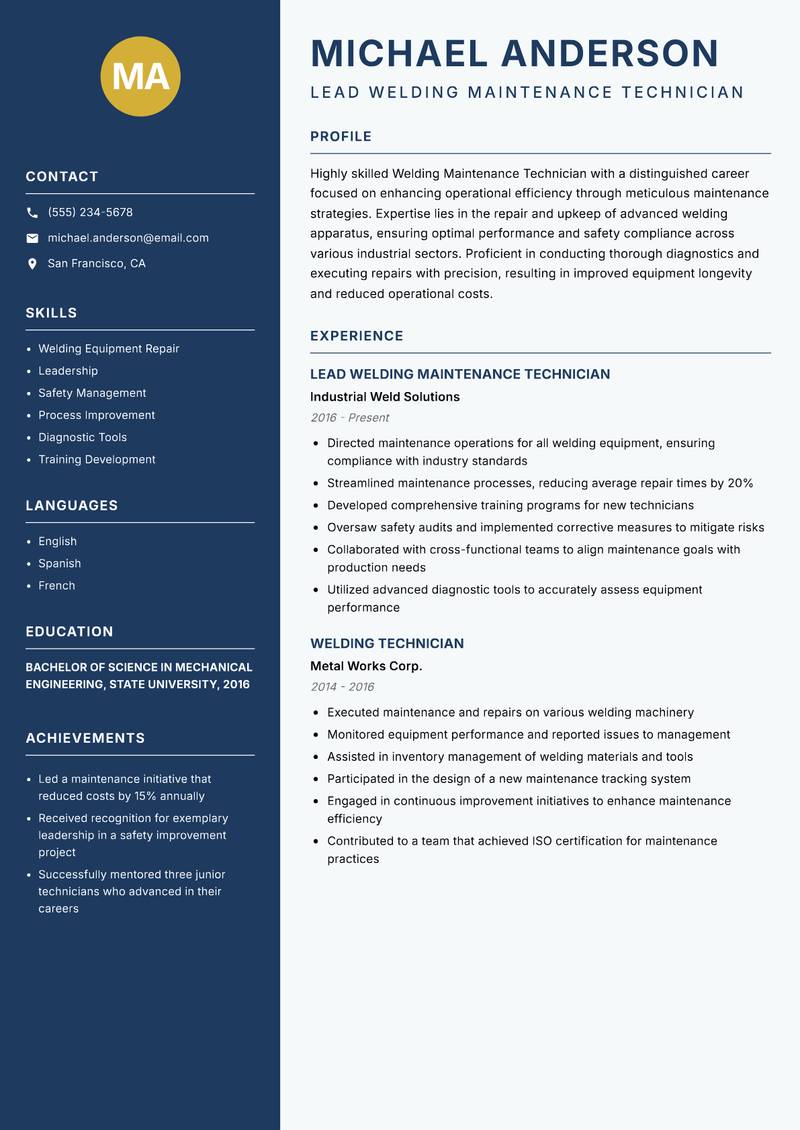 Welding Maintenance Technician Resume Preview Example