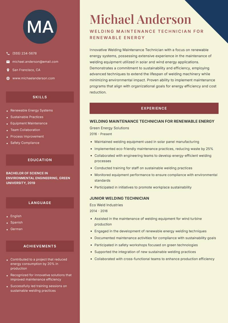Welding Maintenance Technician Resume Preview Example
