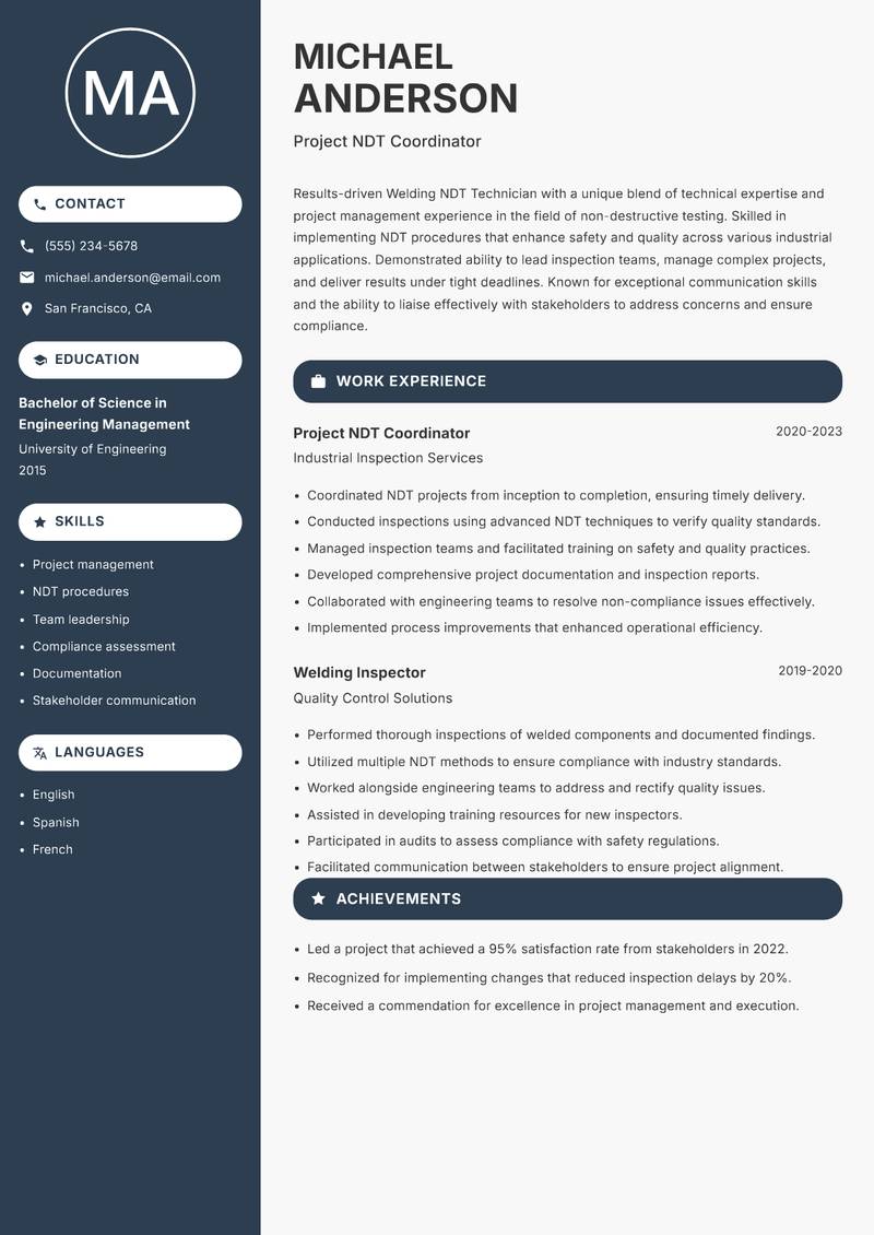 Welding NDT Technician Resume Preview Example
