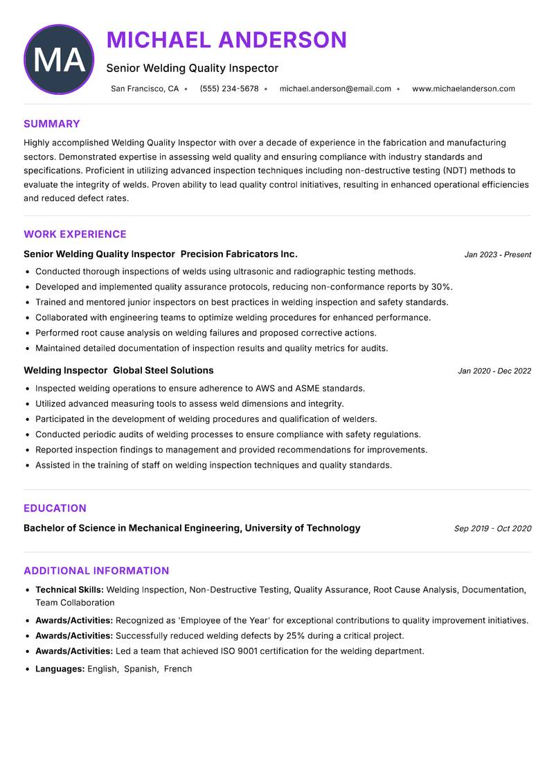 Welding Quality Inspector Resume Preview Example