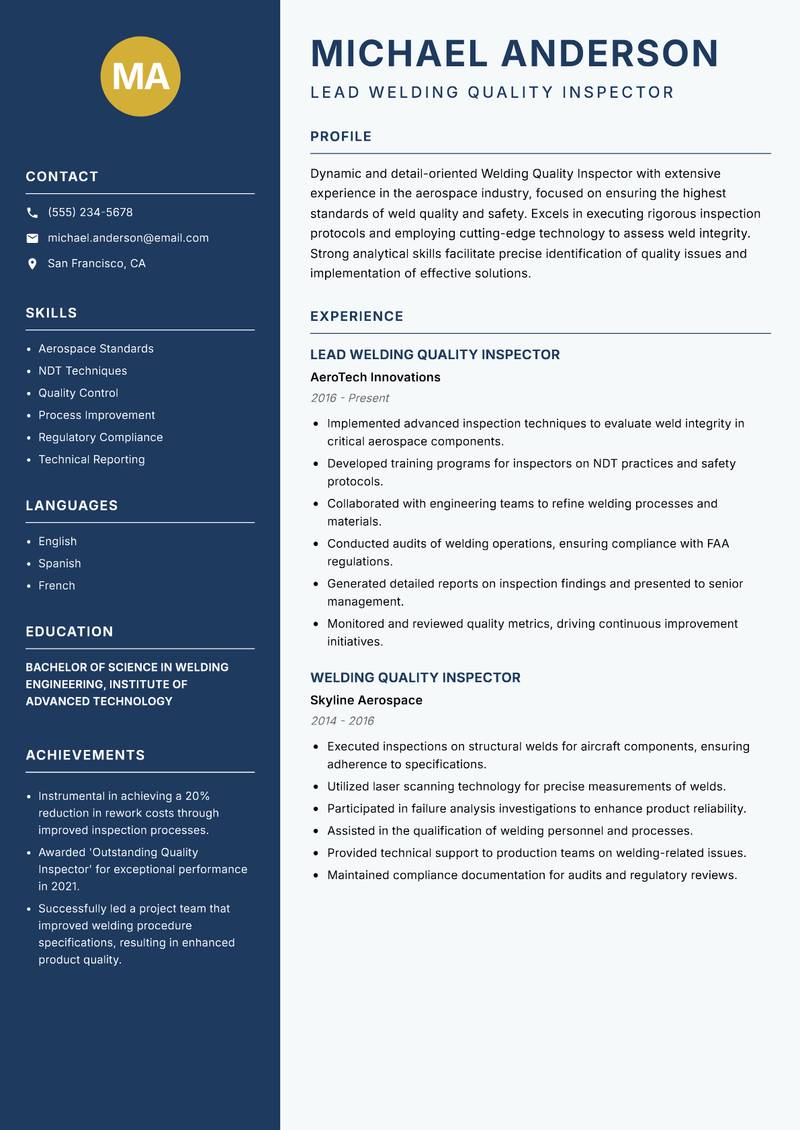 Welding Quality Inspector Resume Preview Example