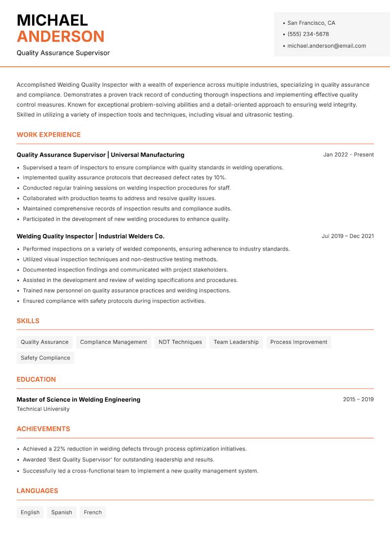 Welding Quality Inspector Resume Template