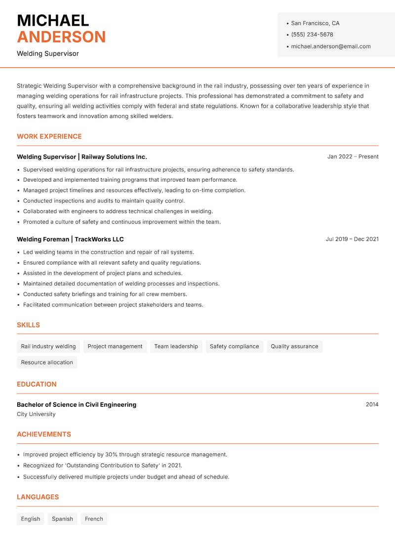 Welding Supervisor Resume Template