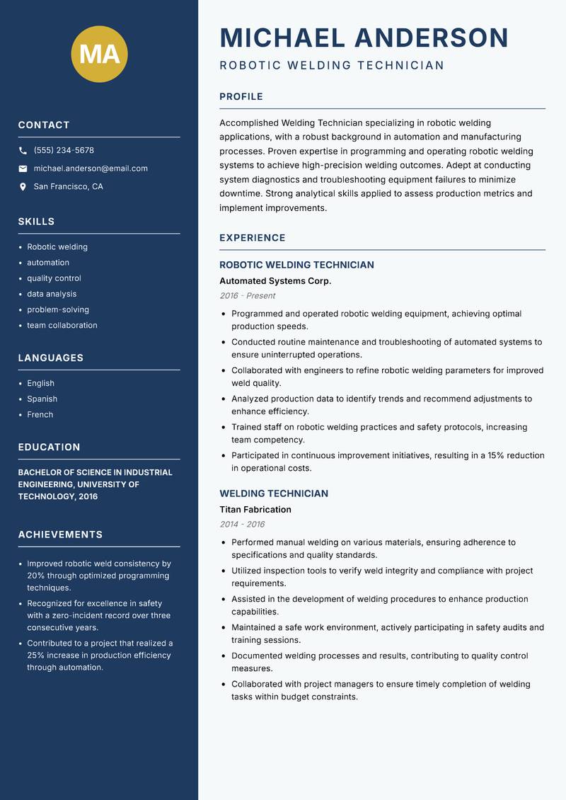 Welding Technician Resume Preview Example