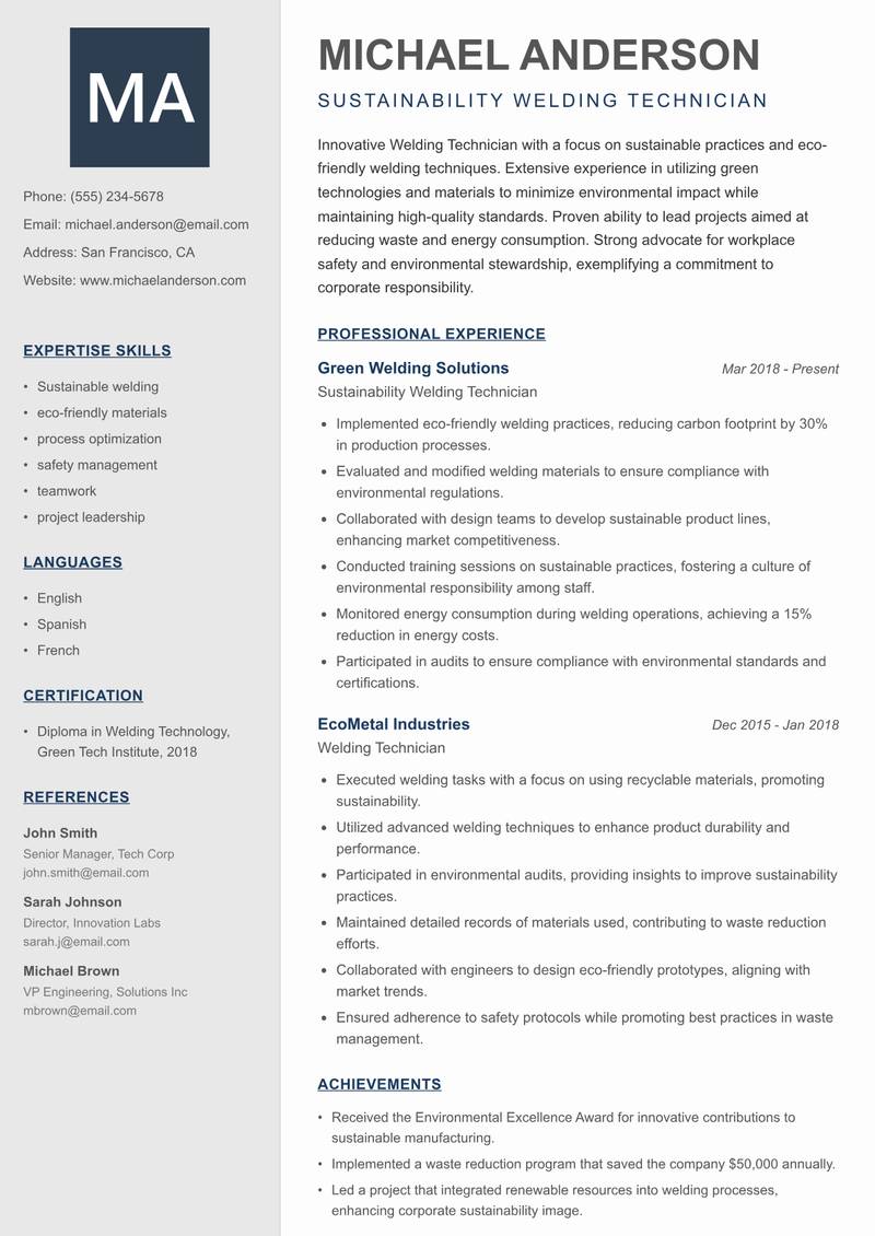 Welding Technician Resume Preview Example