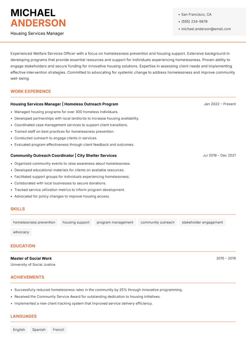 Welfare Services Officer Resume Template