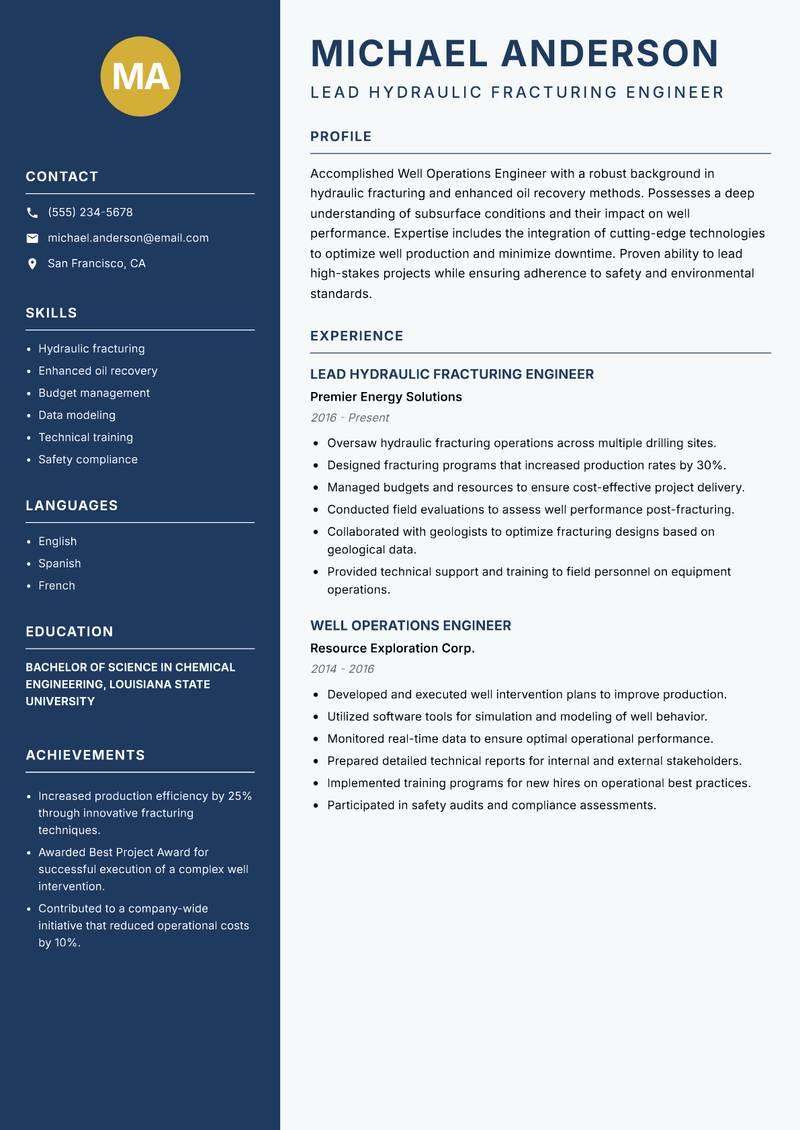Well Operations Engineer Resume Preview Example