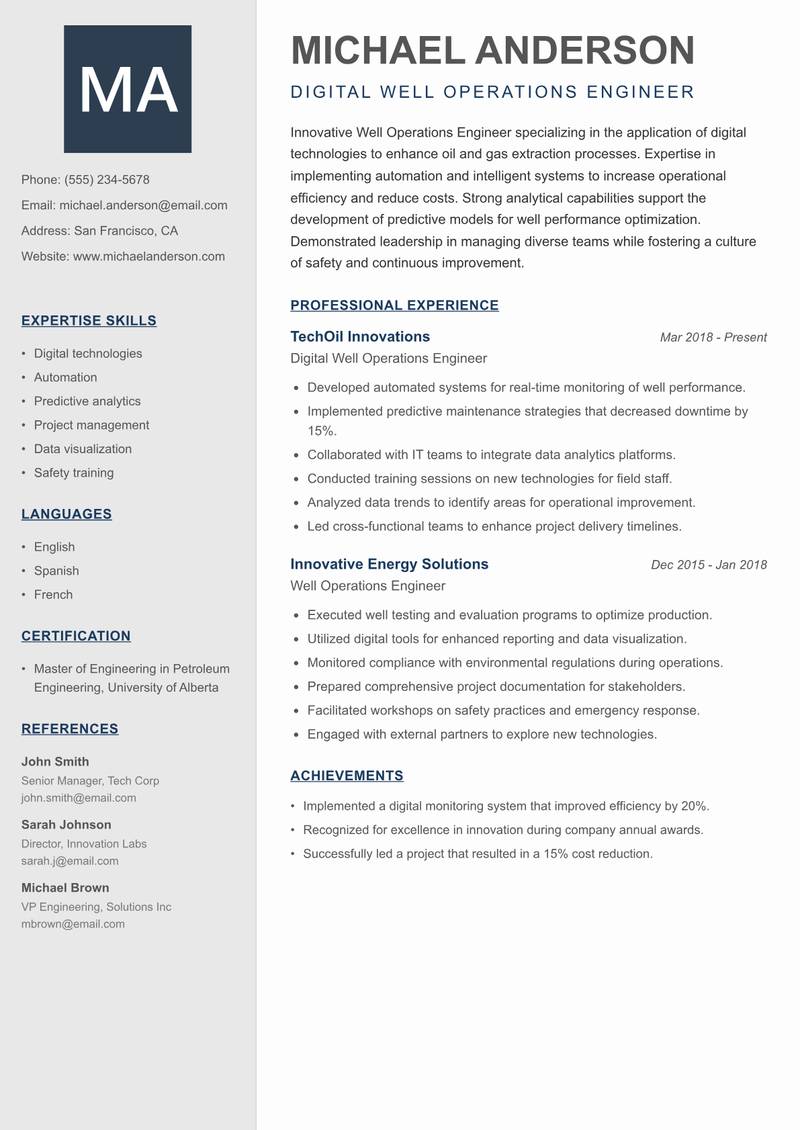 Well Operations Engineer Resume Preview Example