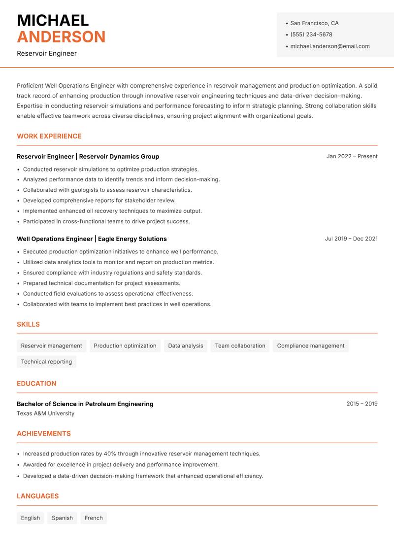 Well Operations Engineer Resume Template