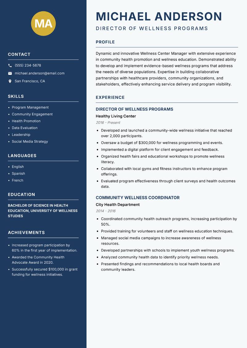 Wellness Center Manager Resume Preview Example