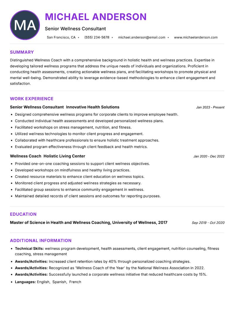 Wellness Coach Resume Preview Example