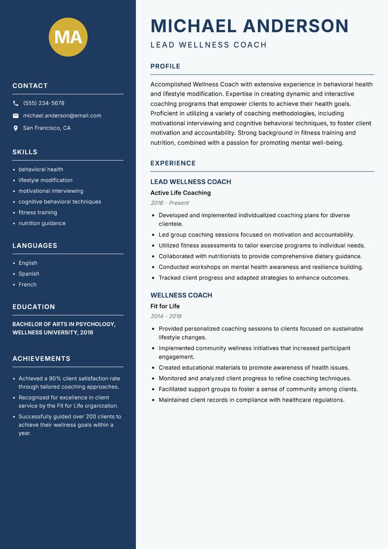 Wellness Coach Resume Preview Example