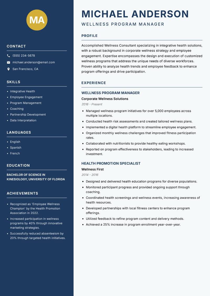 Wellness Consultant Resume Preview Example