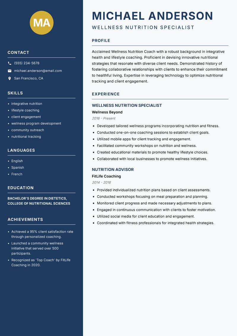 Wellness Nutrition Coach Resume Preview Example
