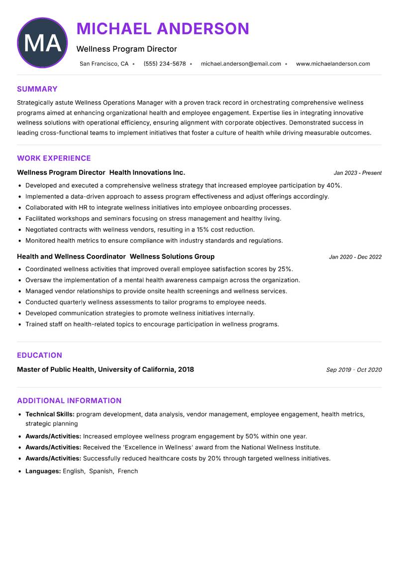 Wellness Operations Manager Resume Preview Example