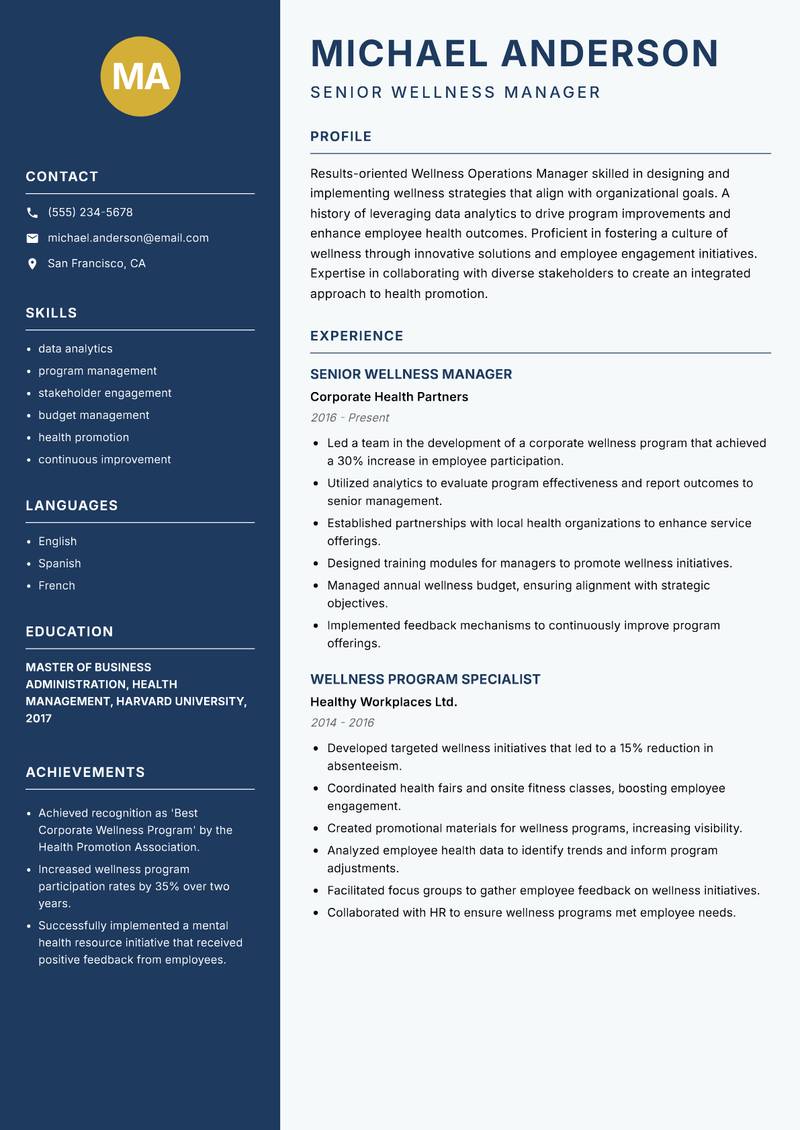 Wellness Operations Manager Resume Preview Example