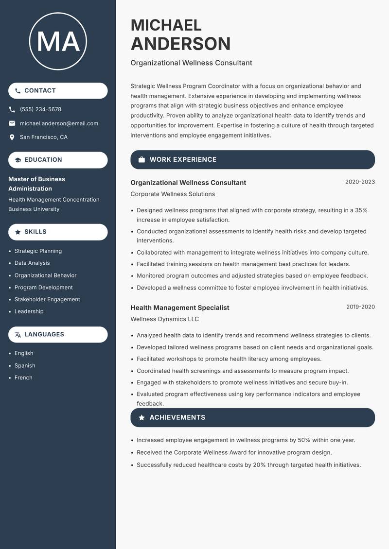 Wellness Program Coordinator Resume Preview Example