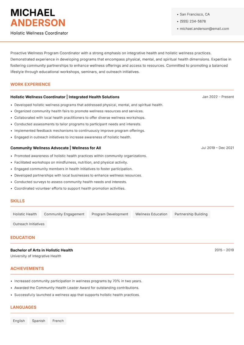 Wellness Program Coordinator Resume Template