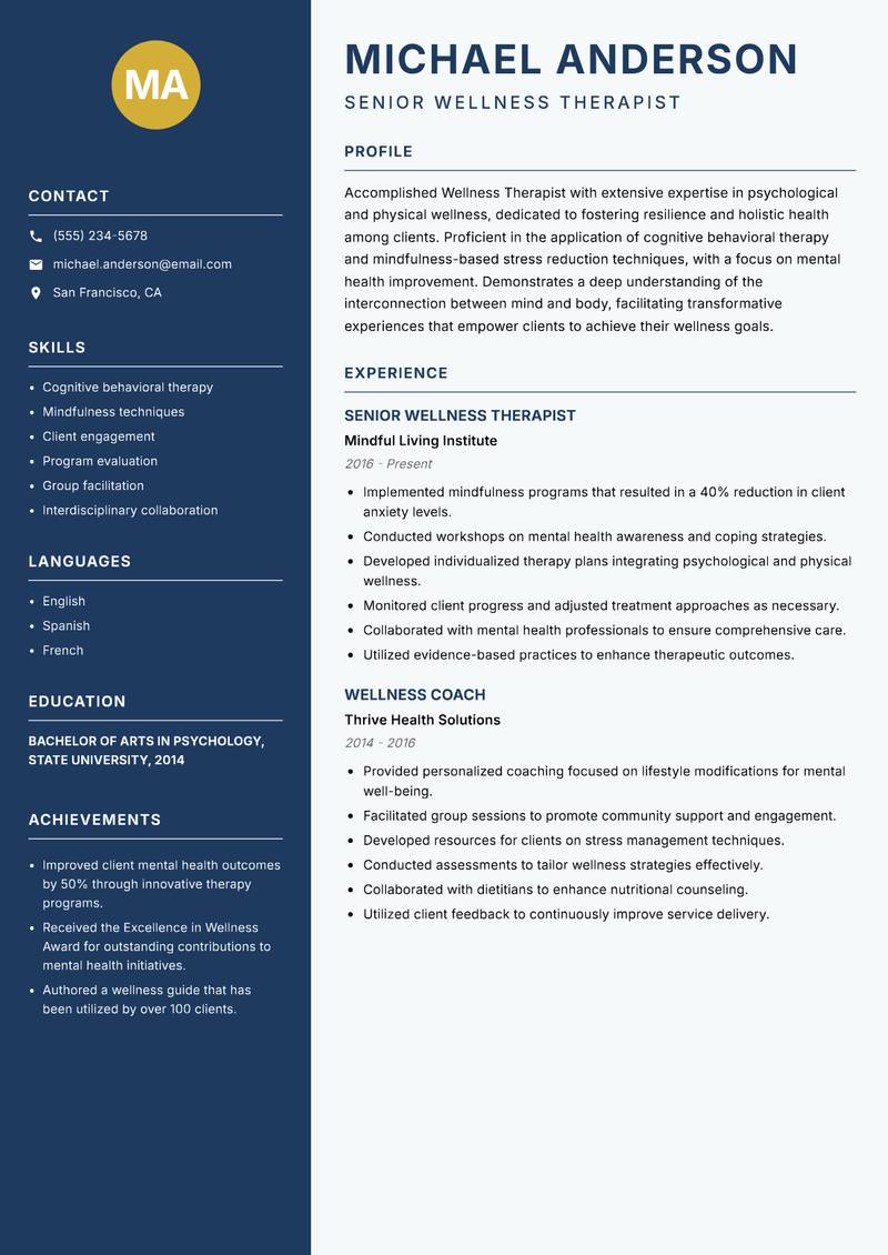 Wellness Therapist Resume Preview Example