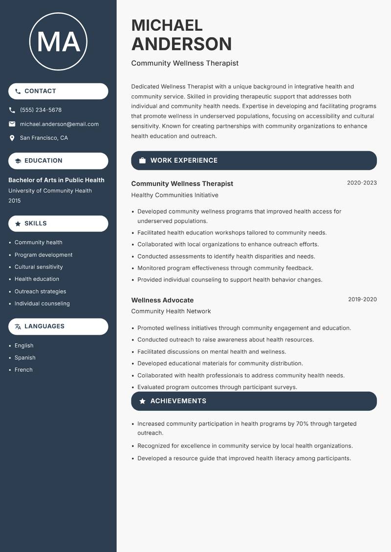 Wellness Therapist Resume Preview Example