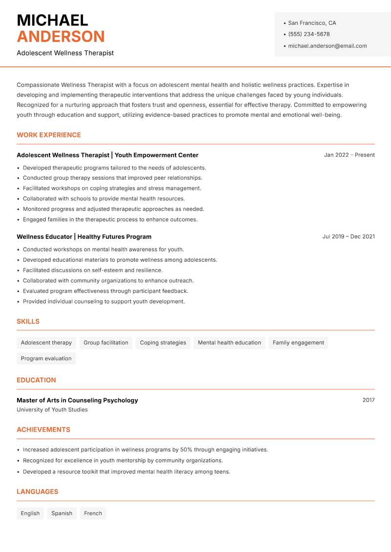 Wellness Therapist Resume Template