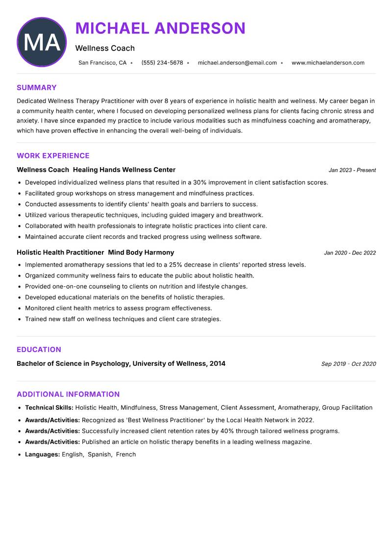 Wellness Therapy Practitioner Resume Preview Example