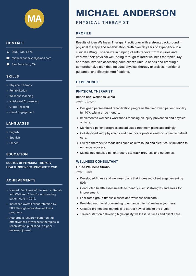 Wellness Therapy Practitioner Resume Preview Example