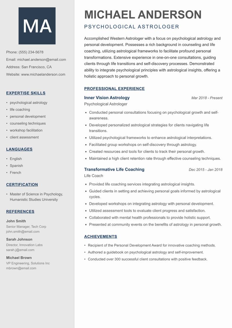 Western Astrologer Resume Preview Example