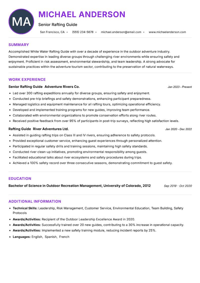 White Water Rafting Guide Resume Preview Example