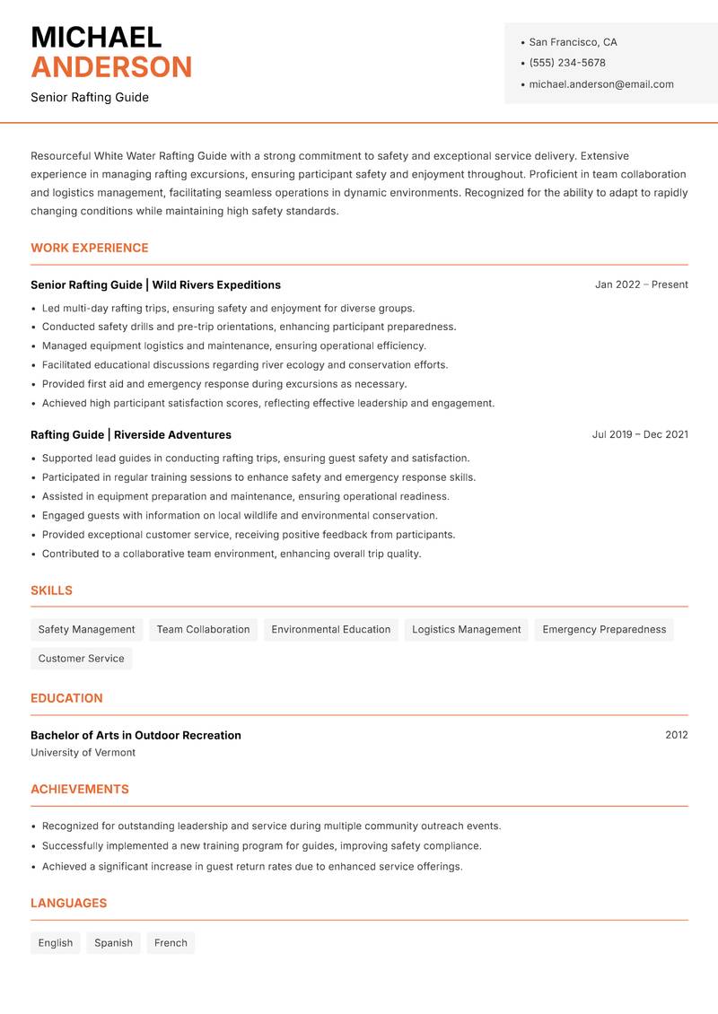 White Water Rafting Guide Resume Template