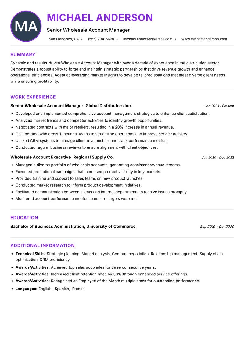 Wholesale Account Manager Resume Preview Example
