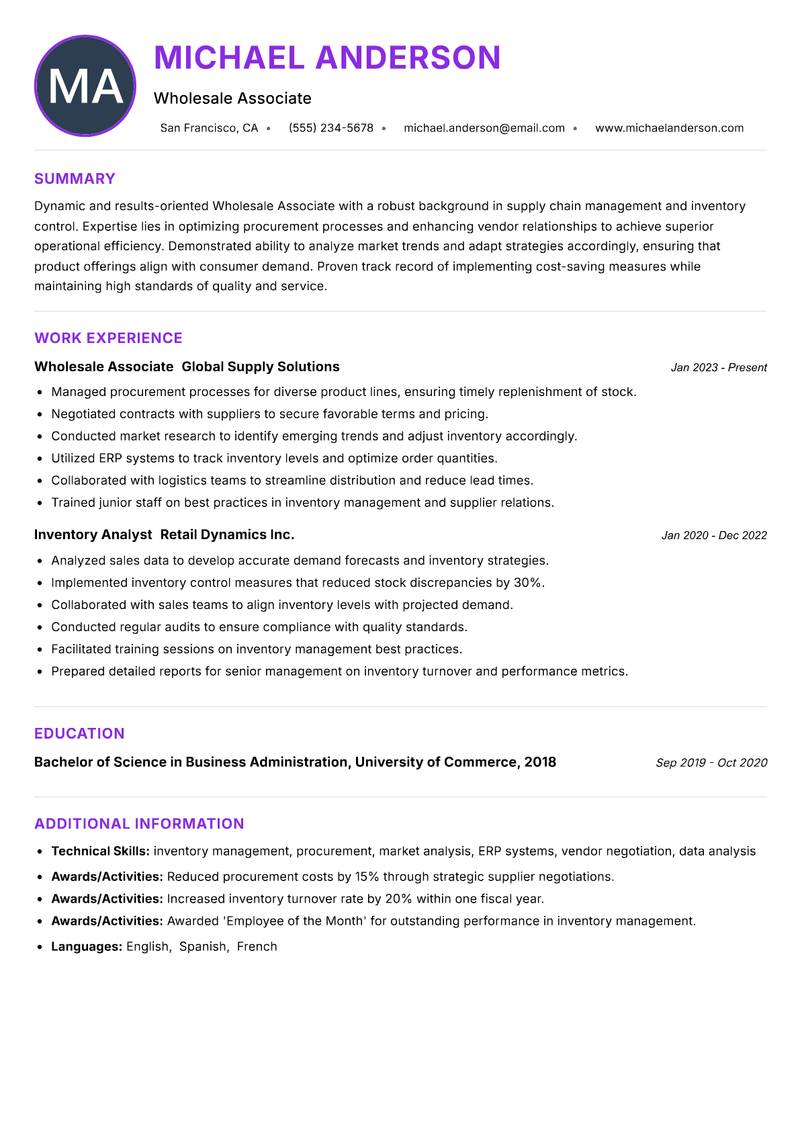 Wholesale Associate Resume Preview Example