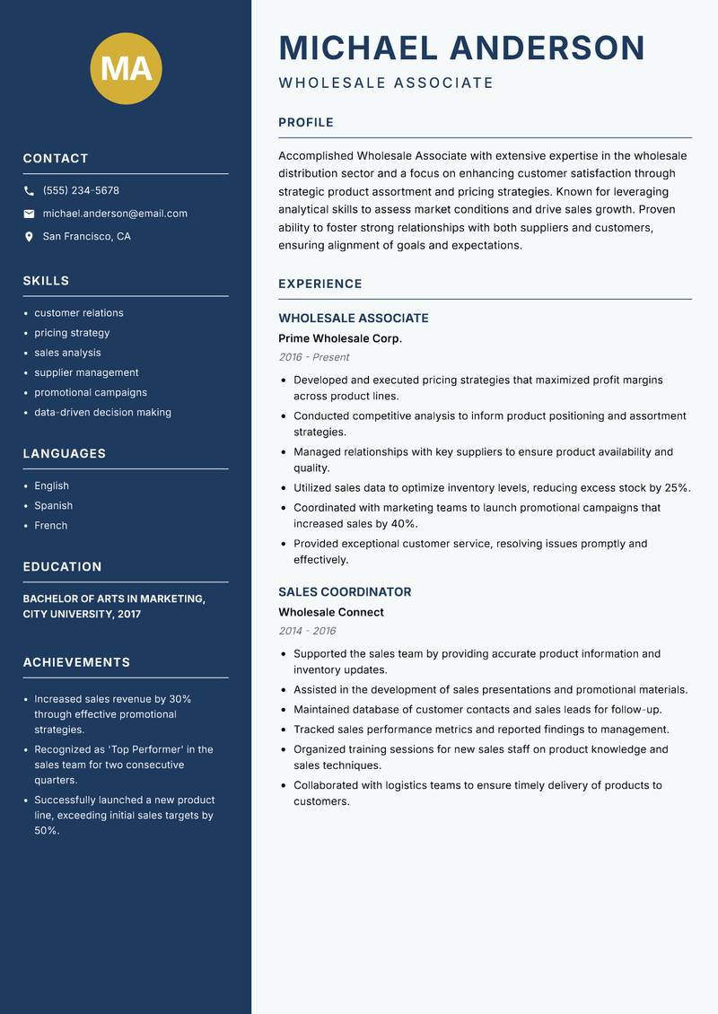 Wholesale Associate Resume Preview Example
