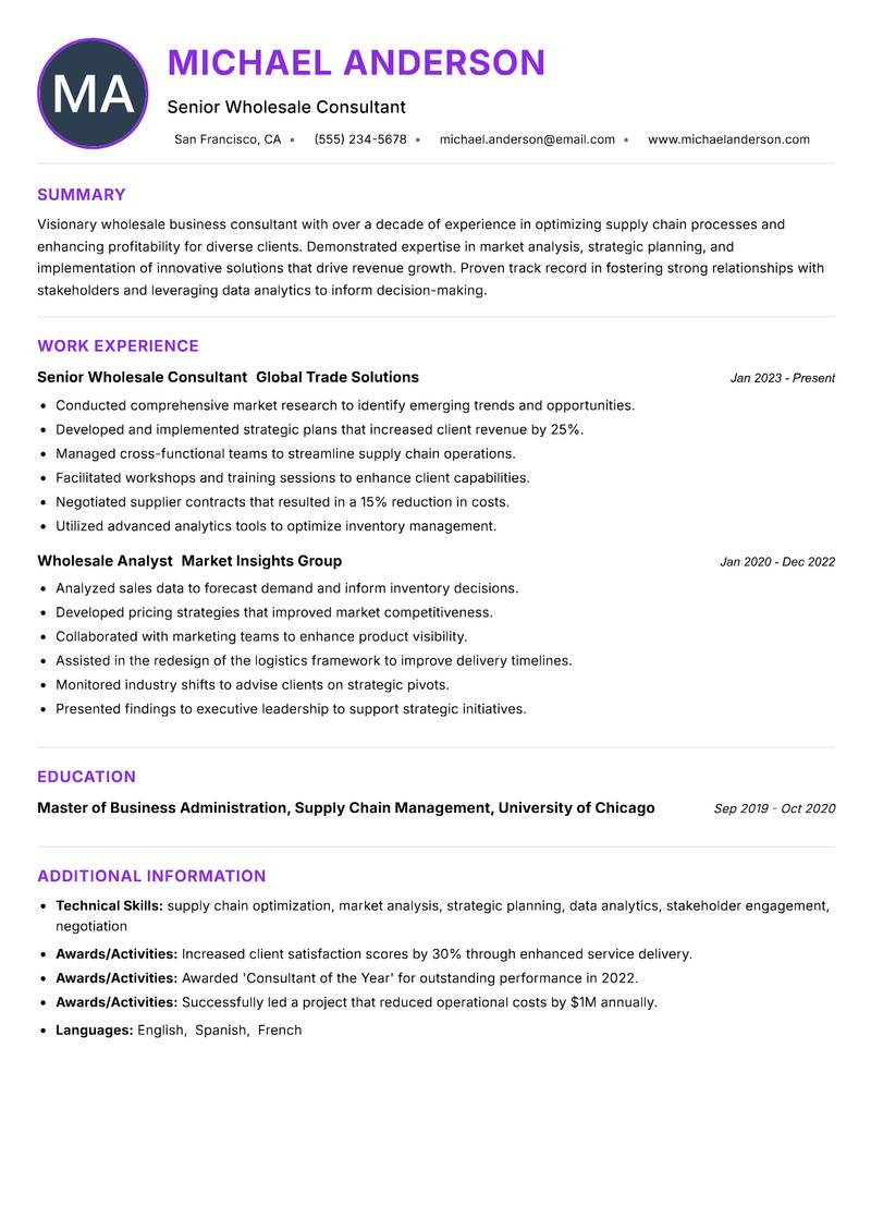 Wholesale Business Consultant Resume Preview Example