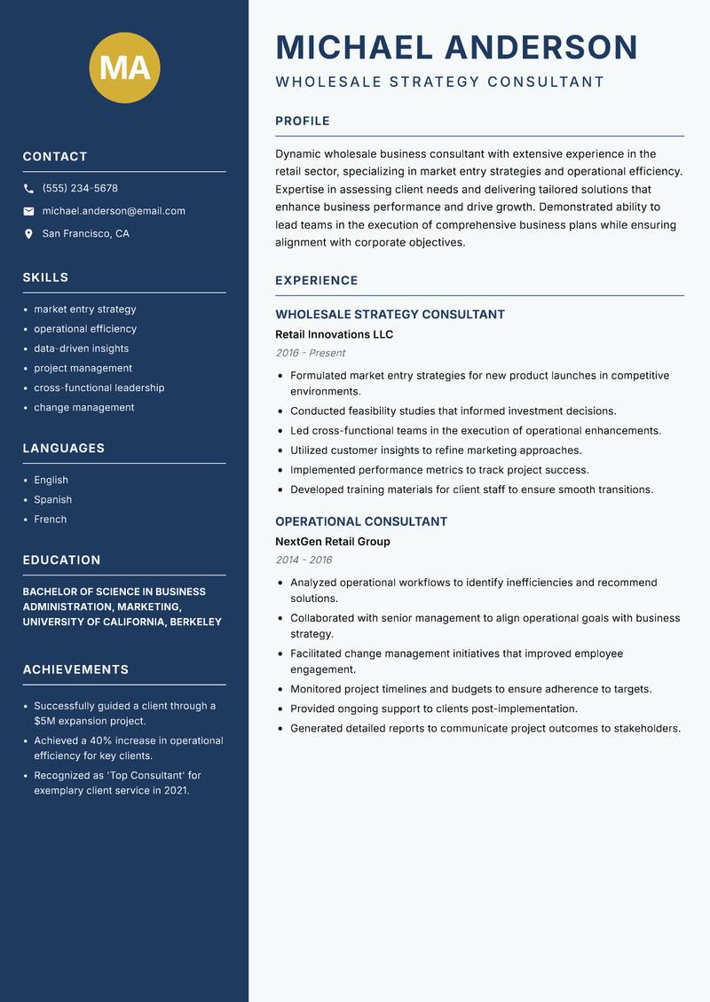 Wholesale Business Consultant Resume Preview Example