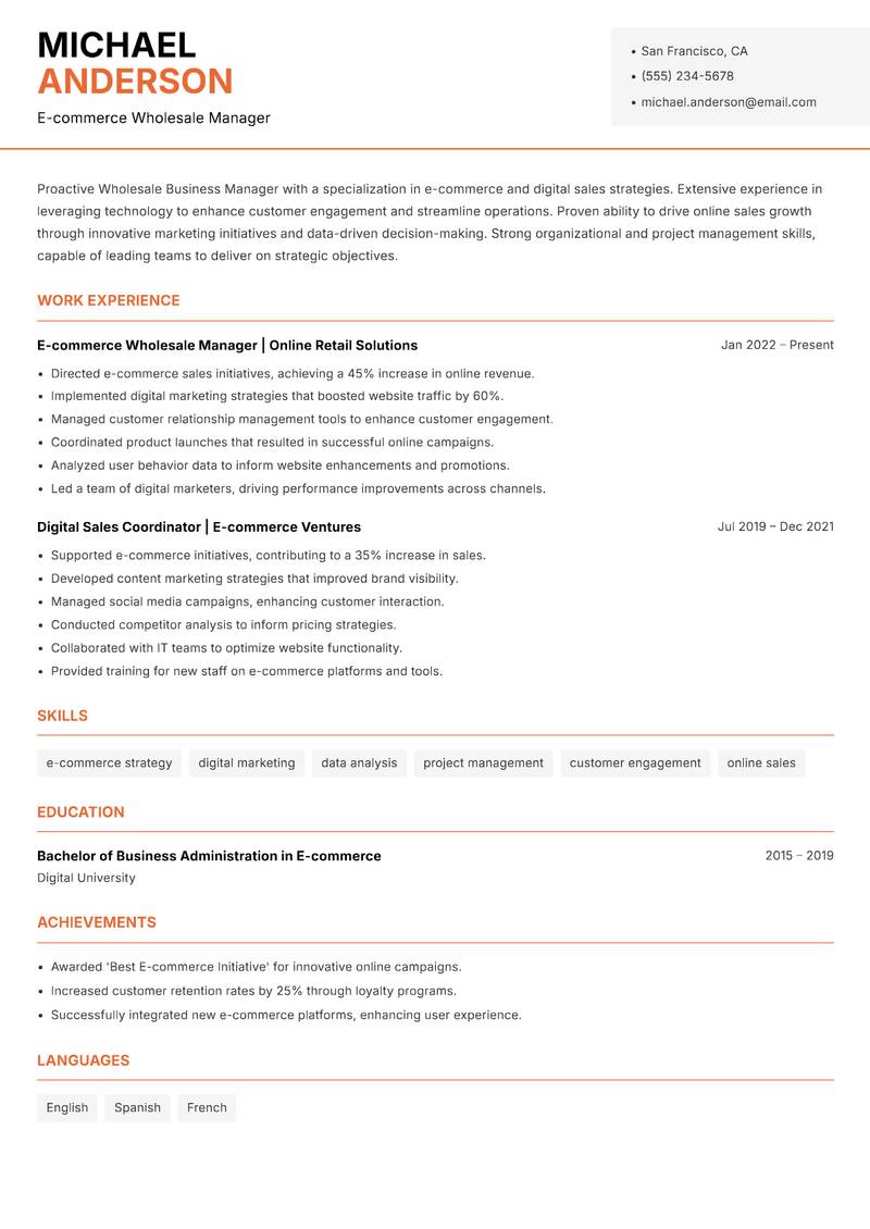 Wholesale Business Manager Resume Template