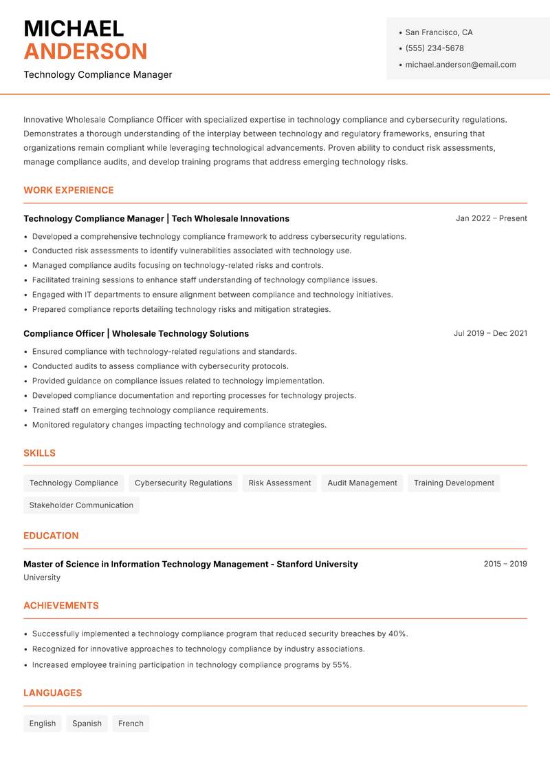 Wholesale Compliance Officer Resume Template