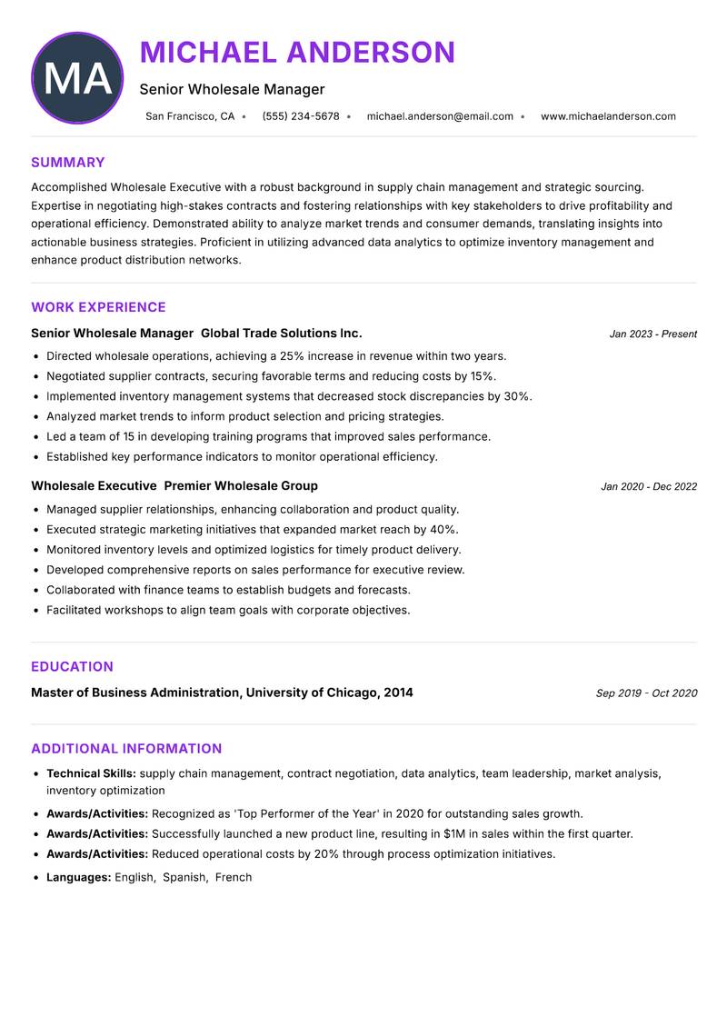 Wholesale Executive Resume Preview Example