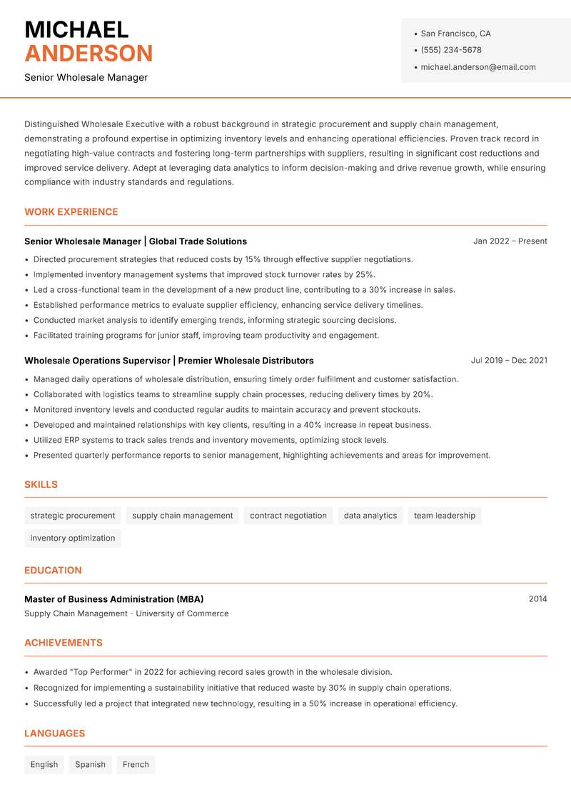 Wholesale Executive Resume Template