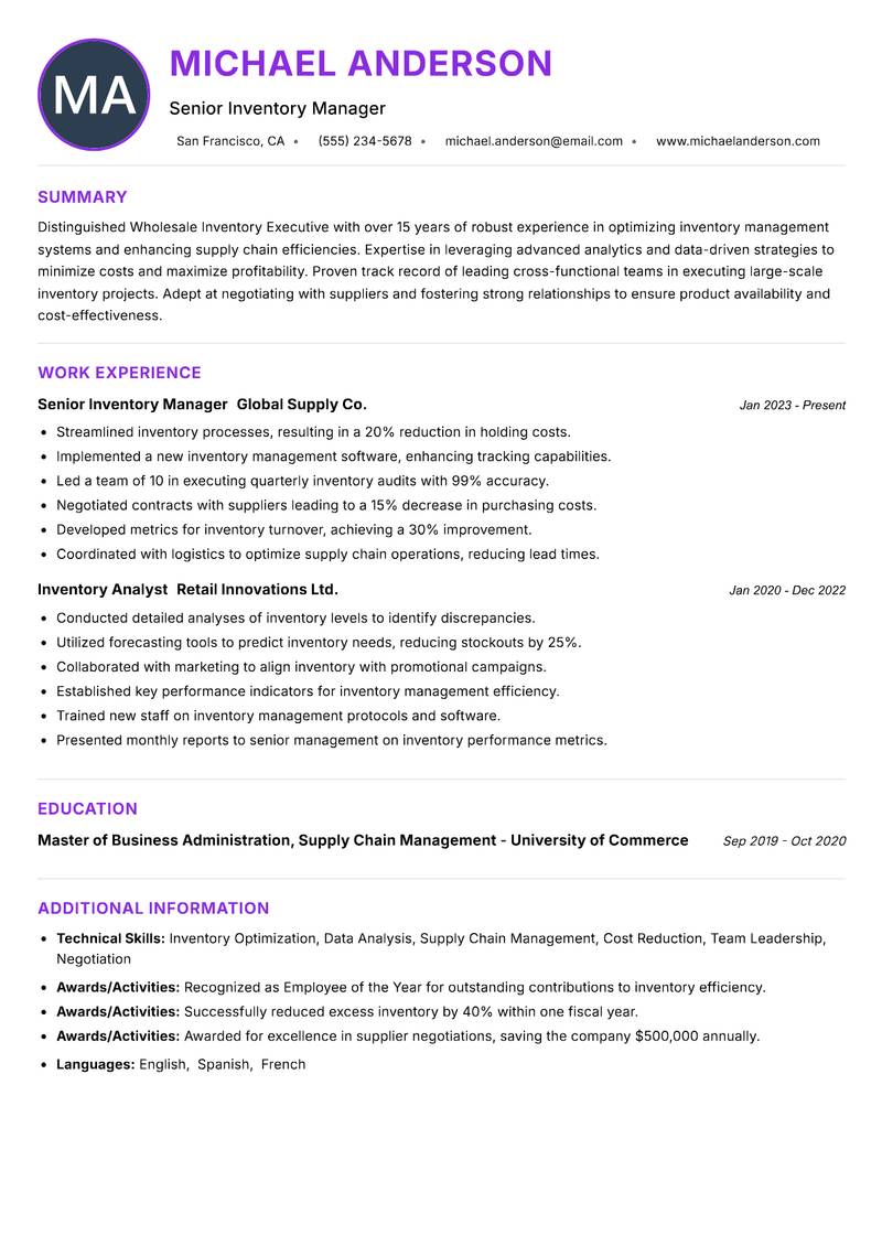 Wholesale Inventory Executive Resume Preview Example
