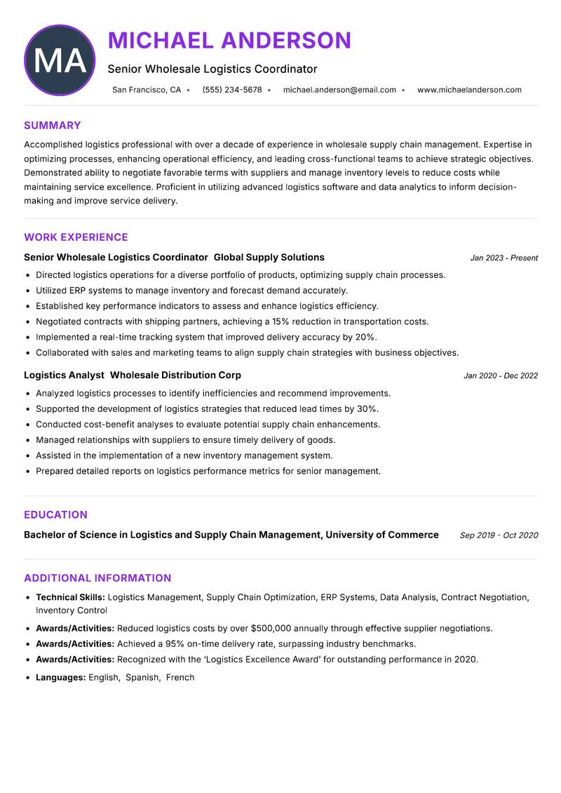 Wholesale Logistics Coordinator Resume Preview Example