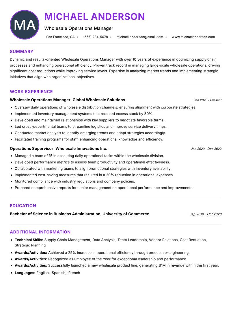 Wholesale Operations Manager Resume Preview Example