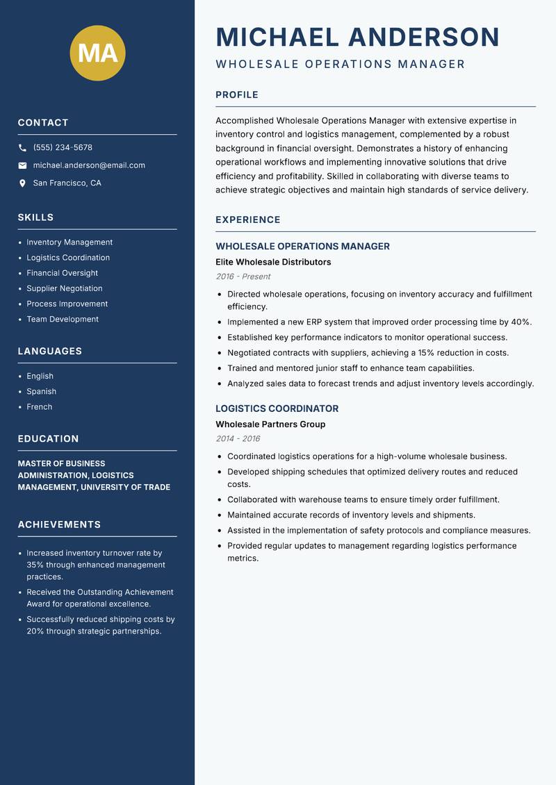 Wholesale Operations Manager Resume Preview Example