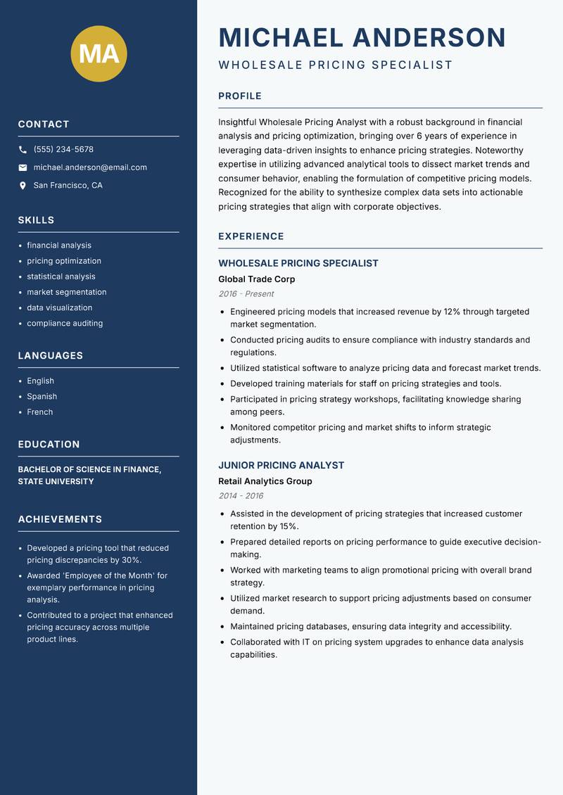 Wholesale Pricing Analyst Resume Preview Example