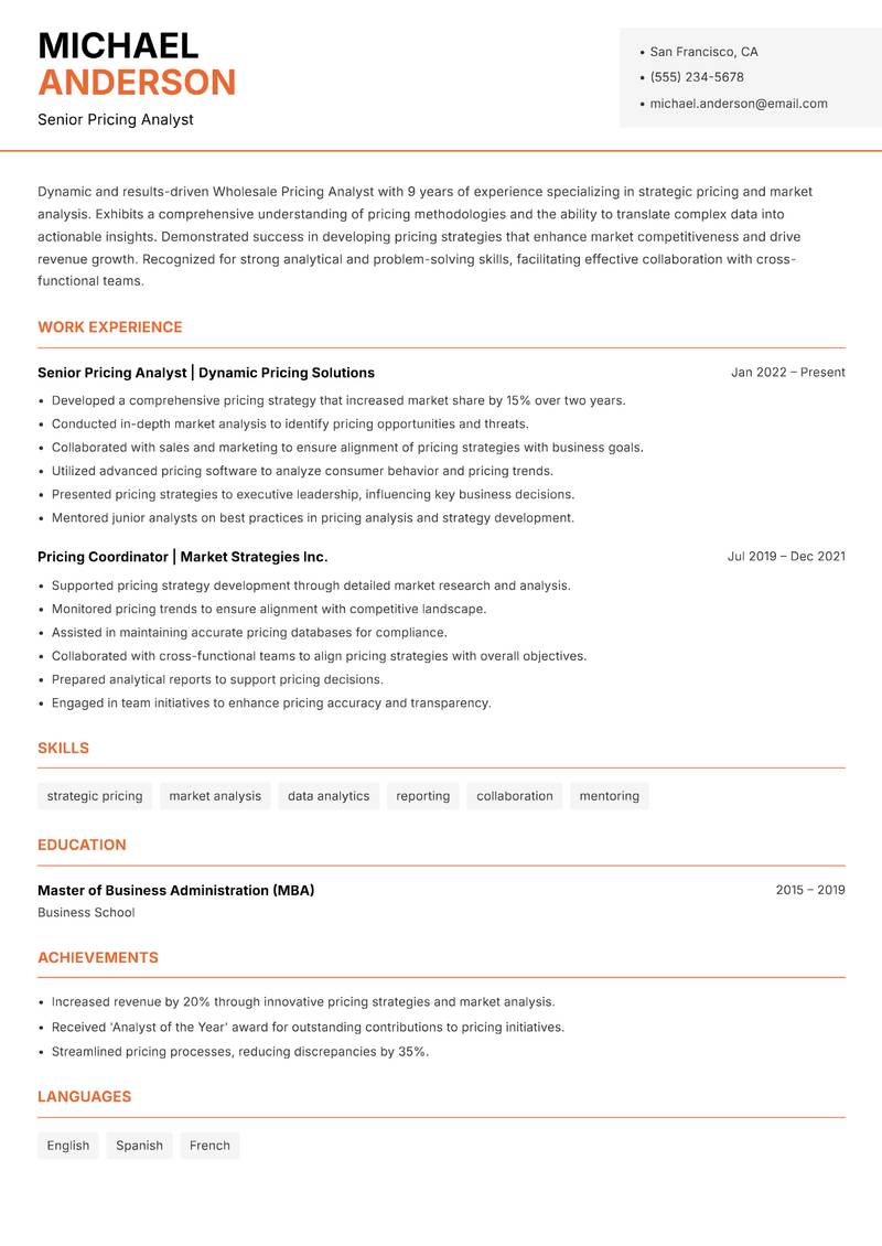 Wholesale Pricing Analyst Resume Template
