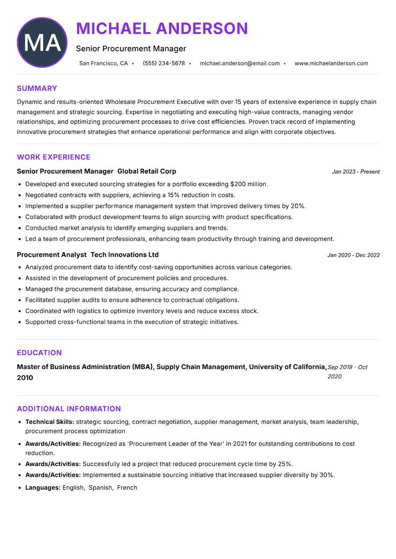 Wholesale Procurement Executive Resume Preview Example
