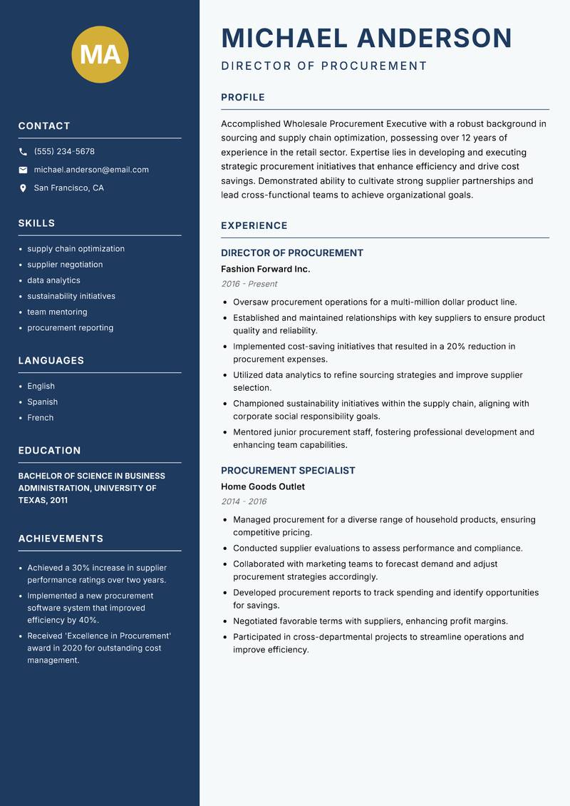 Wholesale Procurement Executive Resume Preview Example